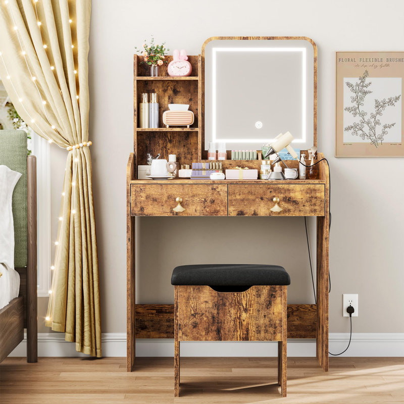 Table de coiffeuse avec miroir lumineux à DEL et station de charge Luminaire réglable Tiroirs de rangement spacieux Tabouret de chambre