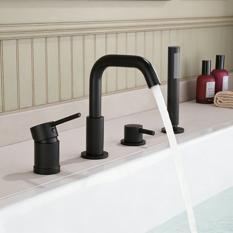 Solid Brass 2-Handle Deck Mounted Roman Tub Faucet With Handheld Shower, Matte Black