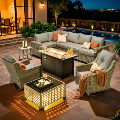 7 - Person Reversible Modular Outdoor Conversation Set,Wicker Patio Seating Group with Lighted Coffee Table, All Weather Swivel Chair Set with Cushions