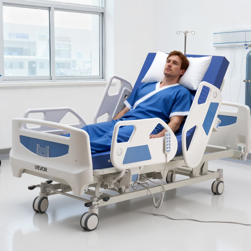 Lit d'hôpital électrique complet 5 fonctions de qualité supérieure, lit médical électrique ICU avec Trendelenburg et Trendelenburg inversé et système de verrouillage central avec roulettes de 5 po pour hôpital à domicile, chargement de 550 lb