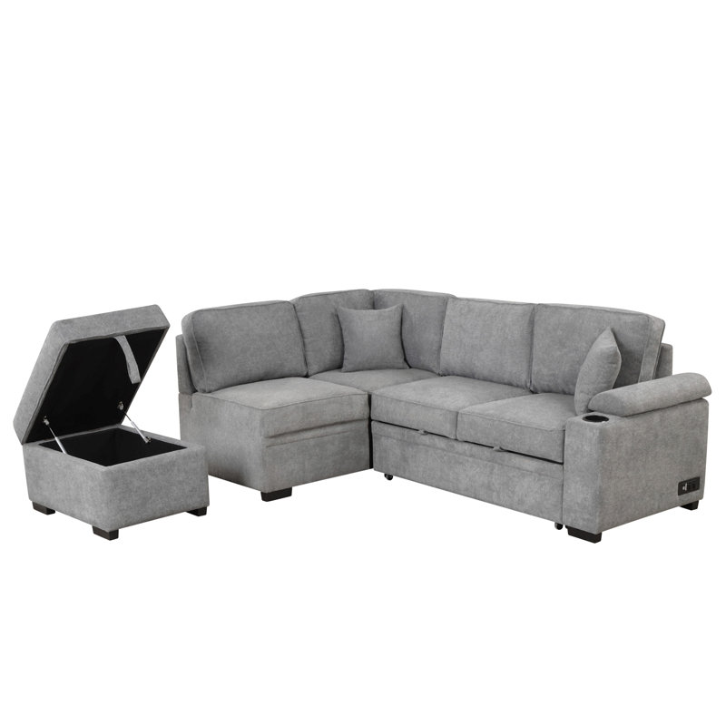Canapé-lit 84,75 po avec repose-pieds de rangement pour le salon, Lin gris, Orienté à gauche (vu de face)