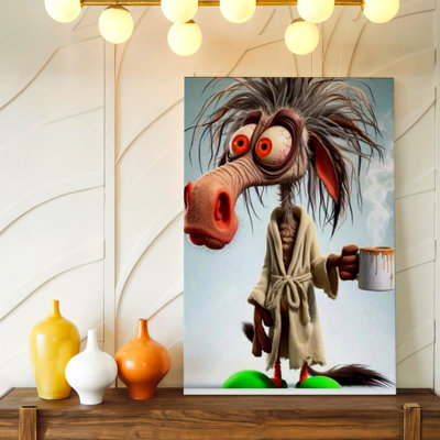 Funny Crazy Cartoon Animal In Bathrobe Coffee Mug Surreal Canvas Wall Art Print, Coordinated Color Funny Surreal Poster Artwork For Kitchen Decor, Gallery Wall Accent, Modern Home Decor