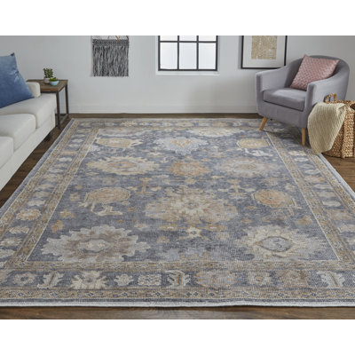 Tapis floral bleu / brun noué à la main Ouimet