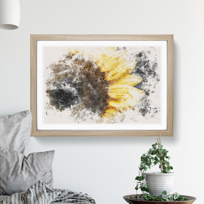 Yellow Sunflower Rising Watercolour - Framed Print, 45cm H x 63cm W x 2cm D, Oak