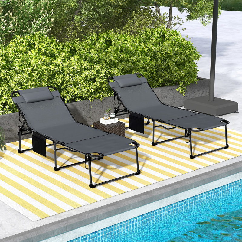 2 Piece Folding Chaise Lounge With 5-Level Reclining Back, Comfortable Outdoor Tanning Chair With Reading Face Hole And Side Pocket