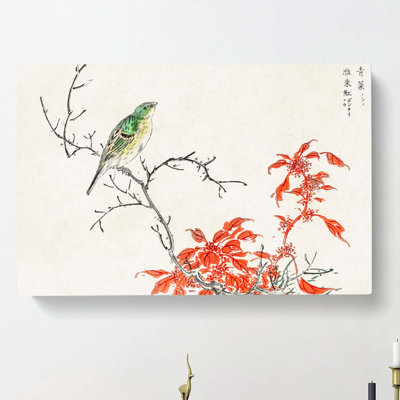 Bunting Bird & Orange Flowers by Numata Kashu - Wrapped Canvas Painting