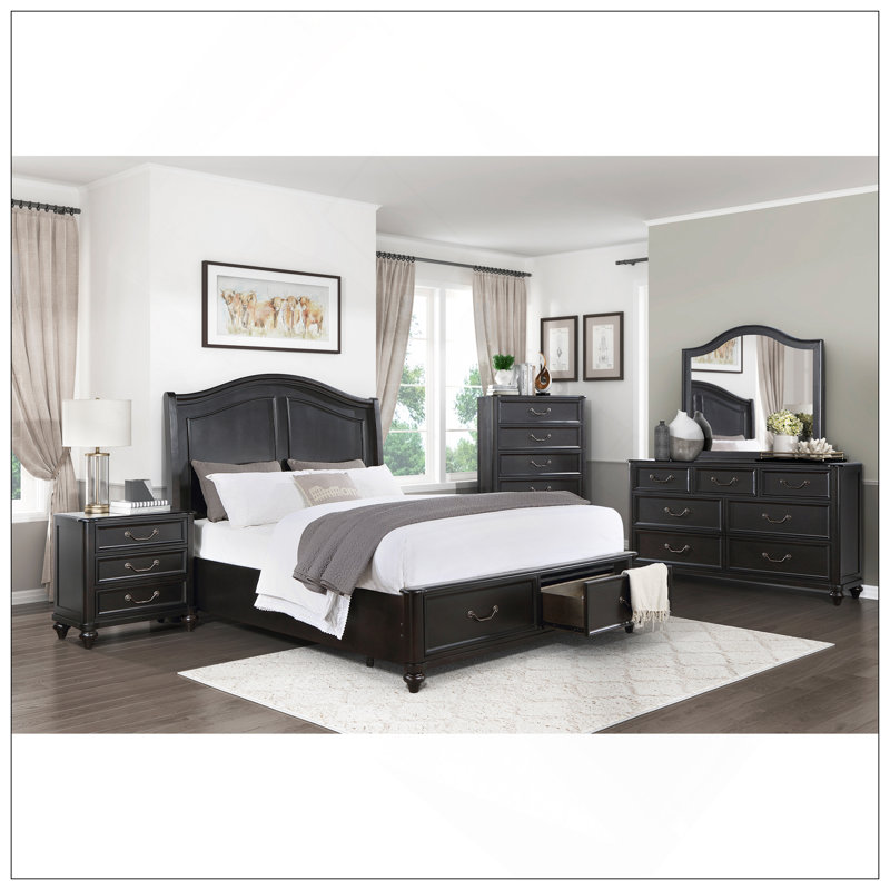 Table de chevet traditionnelle gris anthracite avec 3 tiroirs, poignées antiques et design classique pour un rangement élégant dans la chambre à coucher