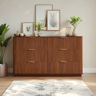 Walnut 6 Drawer Dresser 55.12″ Wide Modern Wave Design TV Stand