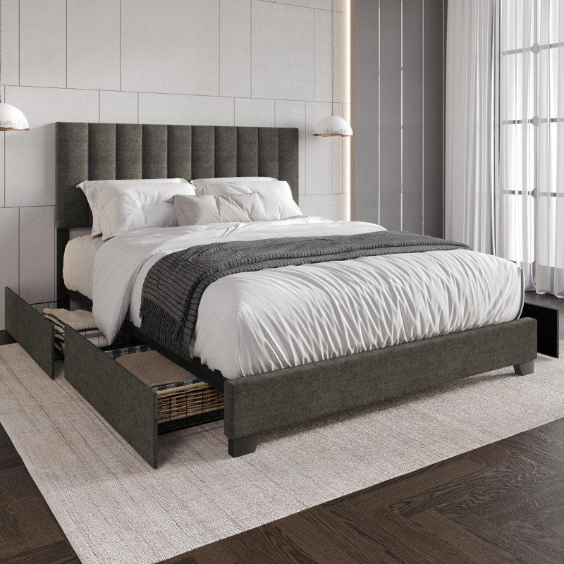 Lit plateforme tapissier avec rangement Kocis, Double , Gris