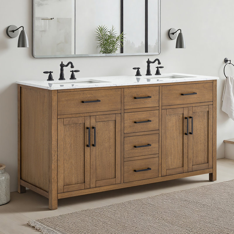 Ensemble de meuble-lavabo double 60 po avec plateau en marbre Tremolo, Mangue / braise / noir mat