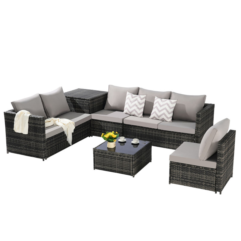 6 meubles de patio - Canapé modulaire avec grands coussins de siège et plateau en verre pour le dessus de table de coin extérieur, cour arrière
