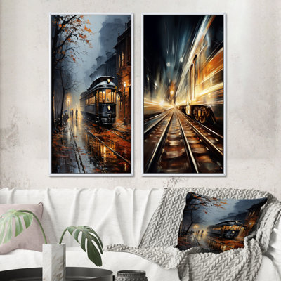 " Train Misty Morning Pointillism " 2 - Pieces
