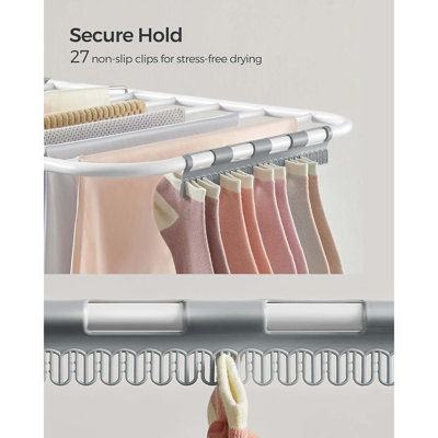 Séchoir à vêtements, finition blanche et grise, support à linge pliable en métal avec 2 mouettes ajustables et pinces à chaussettes, conception autoportante peu encombrante, utilisation intérieure et extérieure, style fonctionnel moderne