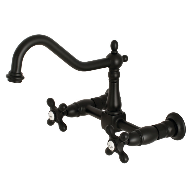Kingston Brass Heritage Double-Handle 2-Hole Wall-Mount Bridge Kitchen Faucet, Matte Black