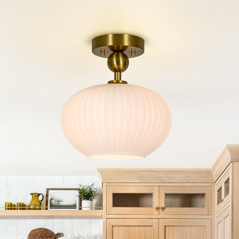 1-Light Ribbed Glass Semi-Flush Mount Ceiling Light