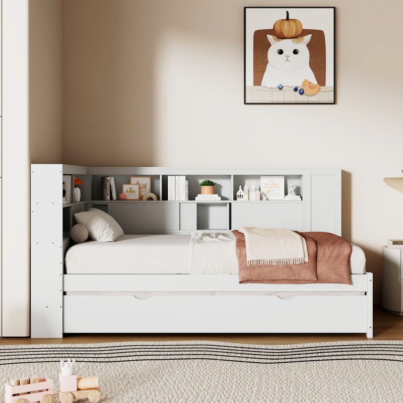 Lit de jour en bois avec tablettes de rangement, Blanc