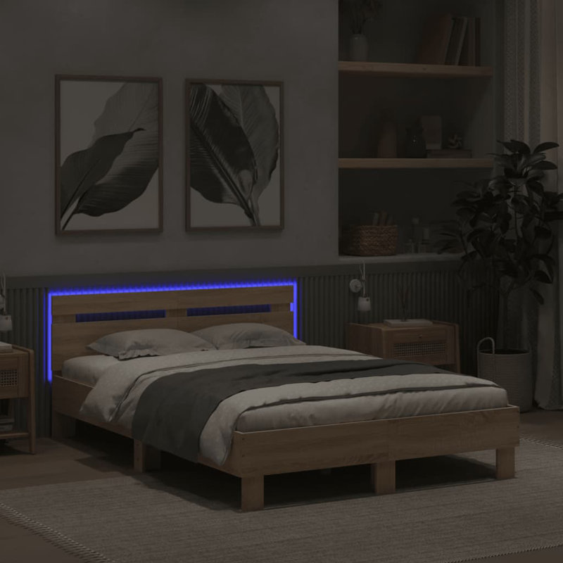 17 Stories Bed Frame With Headboard And LED Small Double, Concrete Grey, UK Small Double - 120 x 190 cm