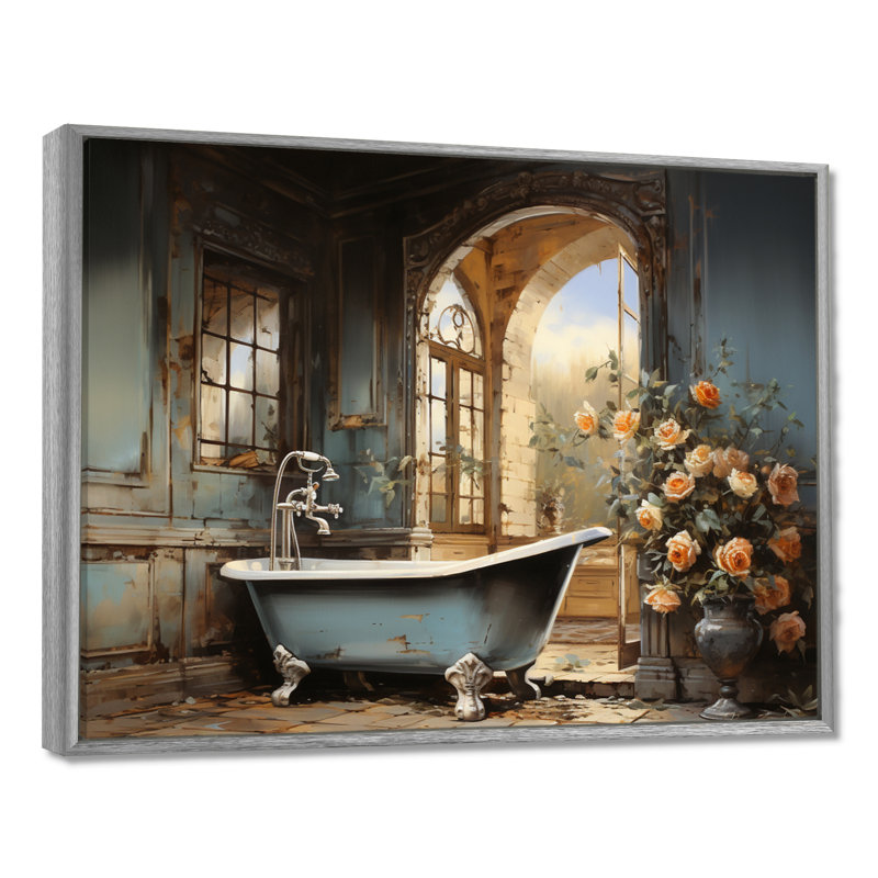 «Bathroom Vintage Elegance II», impressions sur toile de salle de bain, H 24 po x l 32 po x P 1 po, Encadrement argenté