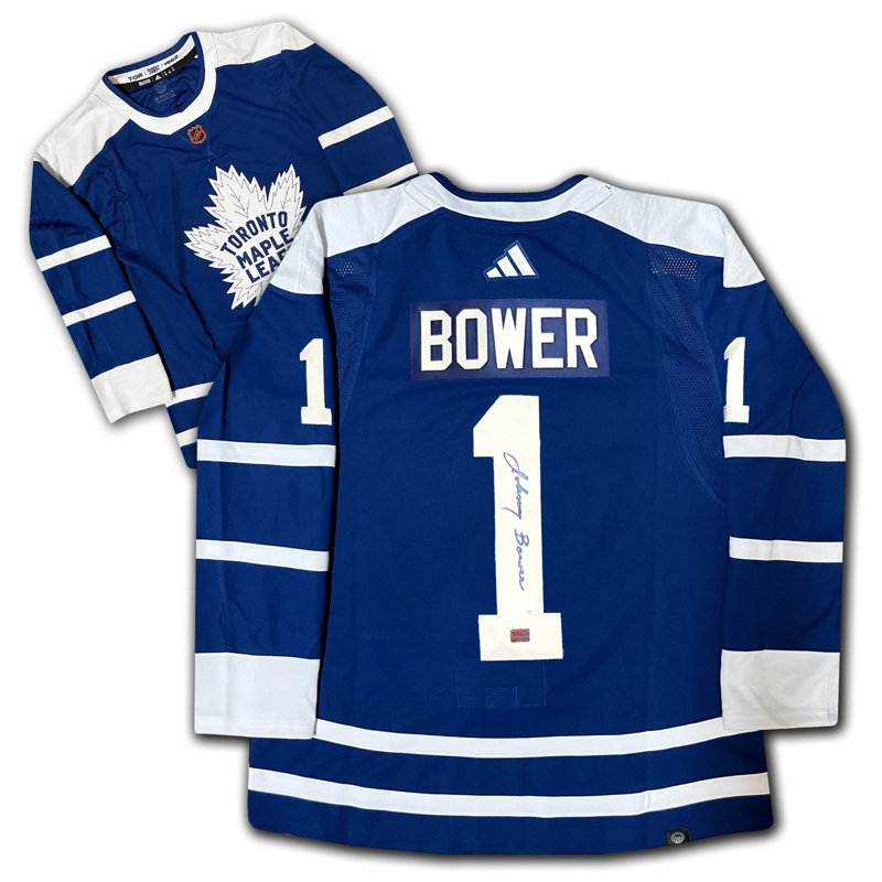 Johnny Bower, chandail bleu rétro autographié des Maple Leafs de Toronto et des souvenirs de hockey de la LNH (taille L ou XL)
