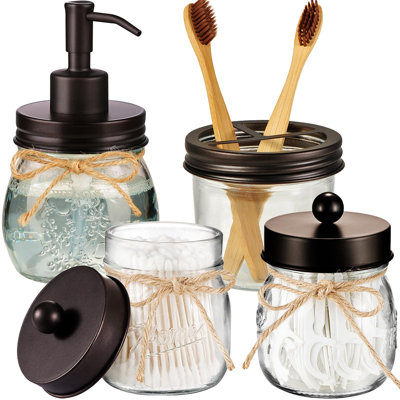 Mason Jar Bathroom Accessories Set 4 Pcs -Lotion Soap Dispenser & 2 Qtip Holders & Toothbrush Holder - Rustic Farmhouse Decor, Bathroom Home Decor (Bronze)