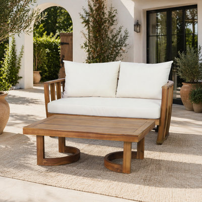 Ensemble de causeuse et de table basse d'extérieur en bois d'acacia durable avec coussins confortables, finition teck, beige