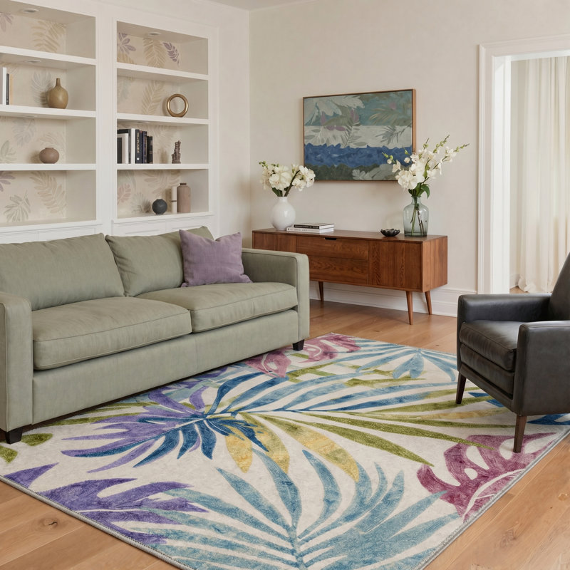 Tapis beige / vert / bleu / mauve Verdant Tropical lavable à la machine avec envers antidérapant, Rectangle 108 po x 72 po