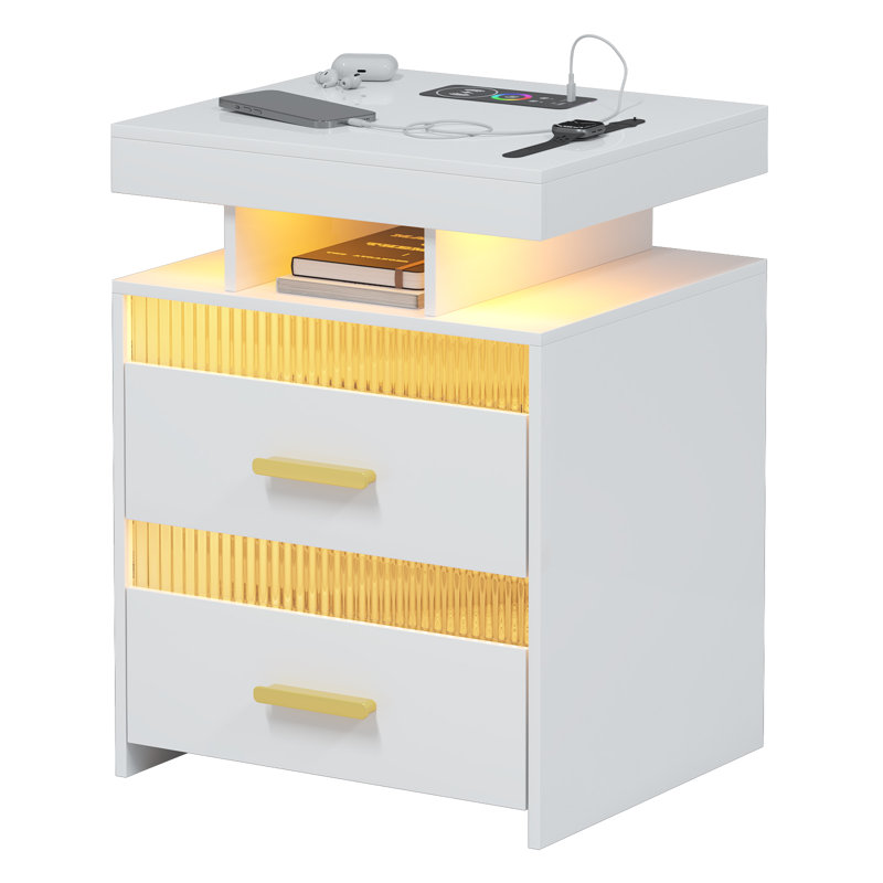 Keimar LED Nightstand with Charging Station, 2 Drawers End Table with Human Sensor 24 Colours Lights, White