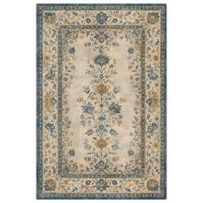 Tapis de couloir antidérapant en chenille beige et bleu à motif floral
