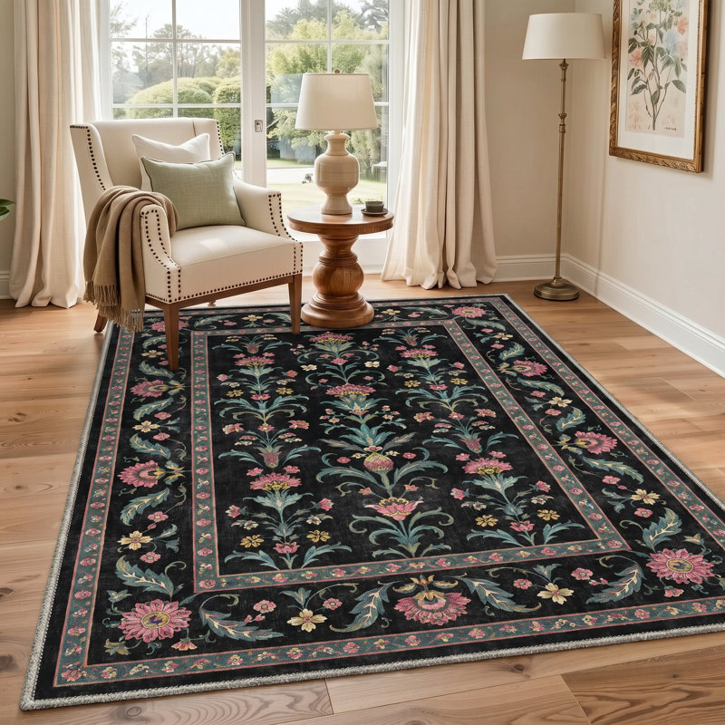 Tapis floral noir / rose lavable à la machine avec envers antidérapant, Rectangulaire 8 pi x 10 pi