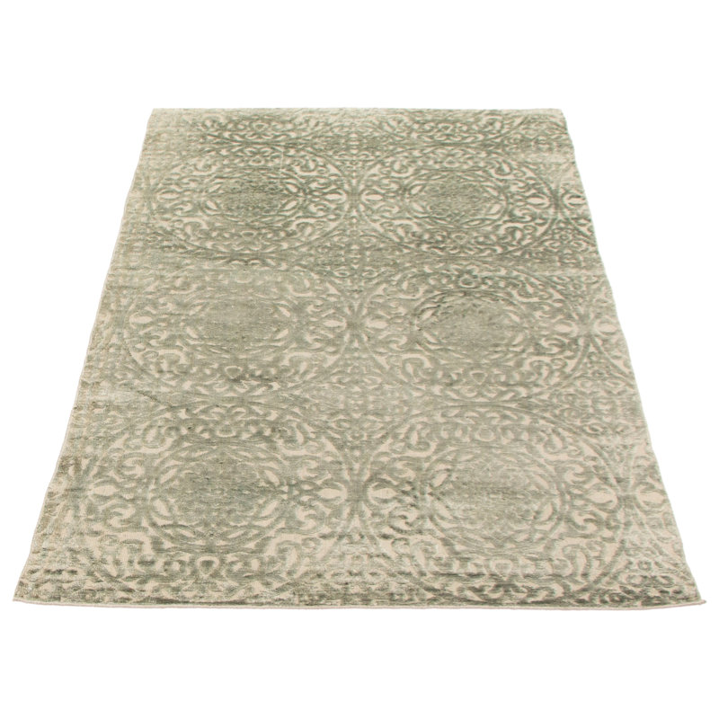 Tapis géométrique en soie tissé à la main vert clair / ivoire