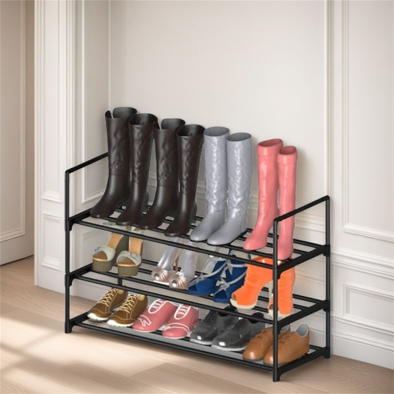 3-Layer Metal Shoe Rack, Adjustable Shoe Rack Storage Organizer With Hooks, Stackable Boot And Shoe Storage For Entrance, Hallway, Closet, Black
