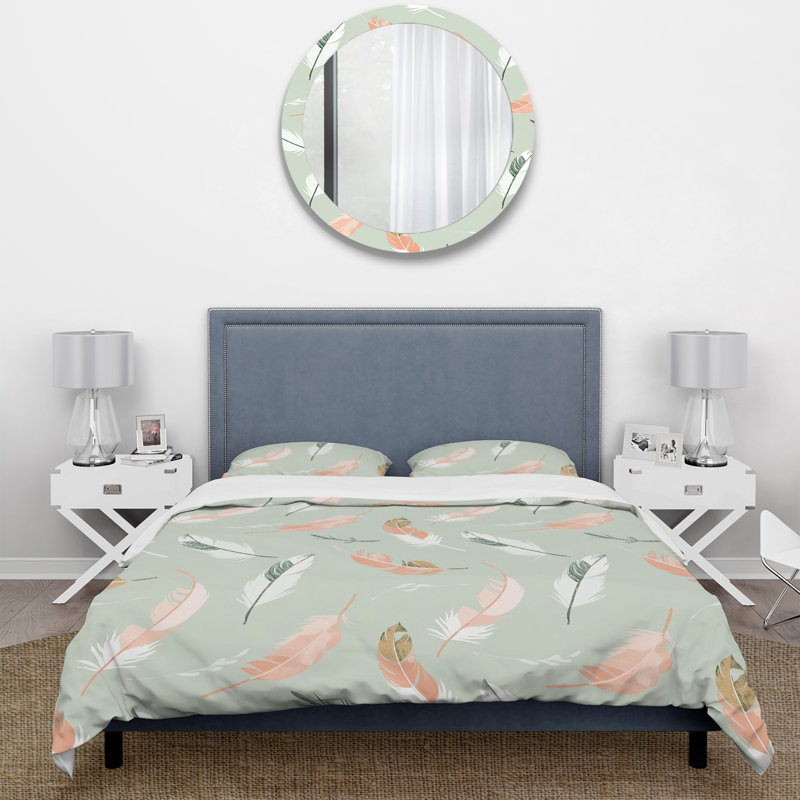 Ensemble de housse de couette rose, vert, bohémien et plumes II - Boho, Housse de couette simple + 2 taies décoratives st