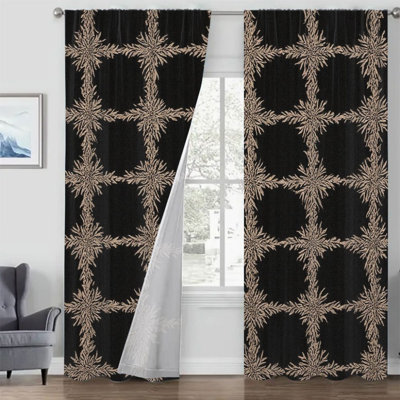 2 pièces rideaux noirs avec motif de feuilles d'or, rideau botanique en treillis rétro pour le salon, la chambre à manger, les poches de la tringle et la fenêtre
