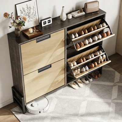 Range-chaussures pour hall d'entrée - Rangement étroit à 4 tiroirs avec pieds en métal et 3 tablettes réglables au fini chêne