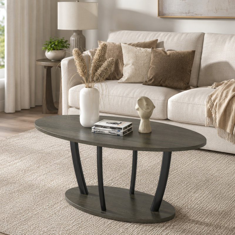 Table basse ovale à 2 niveaux avec rangement central Mandy, Gris / Noir, Gris