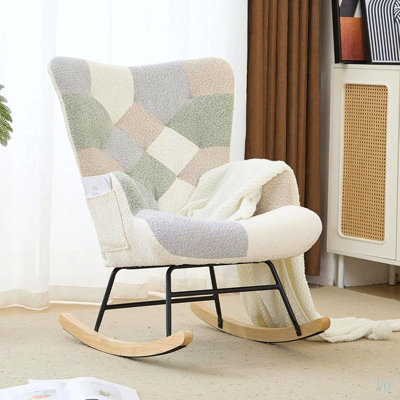 Patchwork Teddy Fleece Upholstered Rocking Chair, High Back Nursery Glider Rocker with Side Storage Pocket, Rubberwood Rockers Accent Armchair for Nursery Living Room Bedroom Office.
