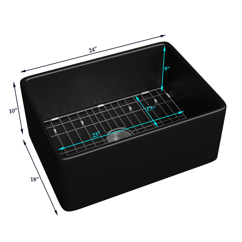Évier de cuisine rectangulaire en argile réfractaire simple 24 po avec grille d'évier et crépine, Noir