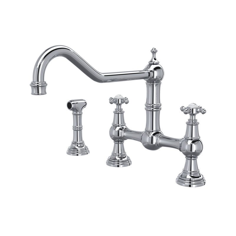 Edwardian Extended Spout Bridge Kitchen Faucet With Side Spray, Polished Chrome