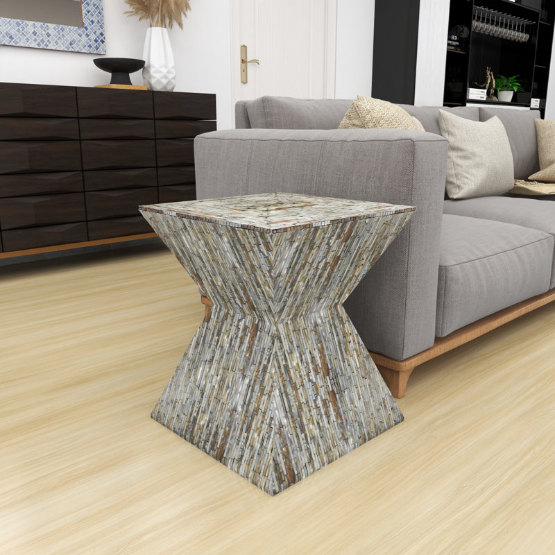 Bernardino Mother of Pearl Shell Handmade Hourglass Shaped Side End Accent Table, Tan/Gray