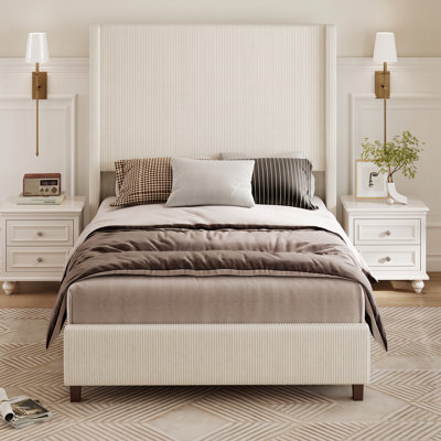 Corduroy Upholstered King Size Bed Frame With Wingback Headboard