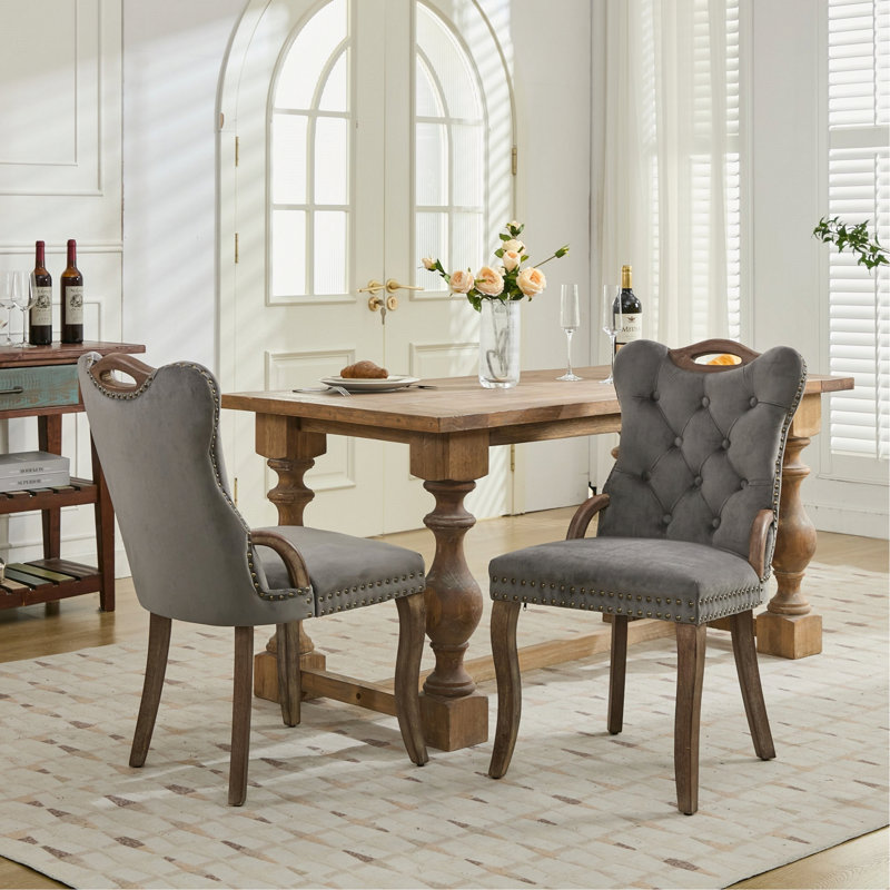 Ensemble de 2 chaises de salle à manger capitonnées, chaises de cuisine avec pieds courbés en bois massif, Velours gris