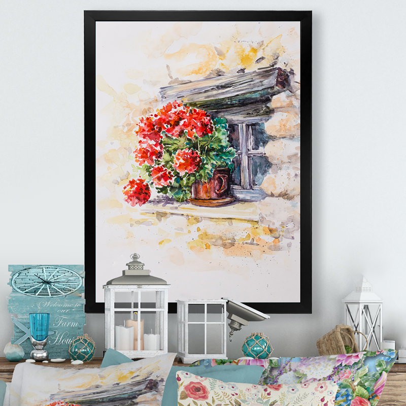«Still Life Geraniums Window», reproduction de cadre photo sur toile, Toile avec cadre photo noir, H 20 po x l 12 po x P 1 po