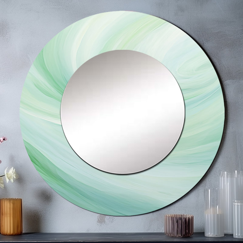 «Green Whispering Wave Spiral», miroir mural décoratif à spirales abstraites, miroir rond moderne, impression d'art en métal