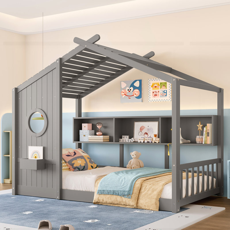Lit sur pied pour enfant avec tablette de rangement, gris, Simple