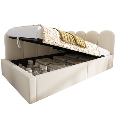 Twin Size Upholstered Daybed Sofa Bed with Hydraulic Storage Ottoman, Velvet, Beige