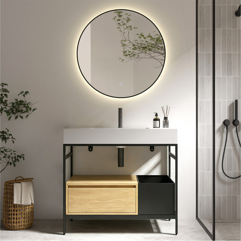 Meuble-lavabo modulaire de style industriel de 36 po avec une structure en métal robuste, surmonté d'un bassin en pierre artificielle sans soudure et facile à nettoyer, sans drain ni robinet