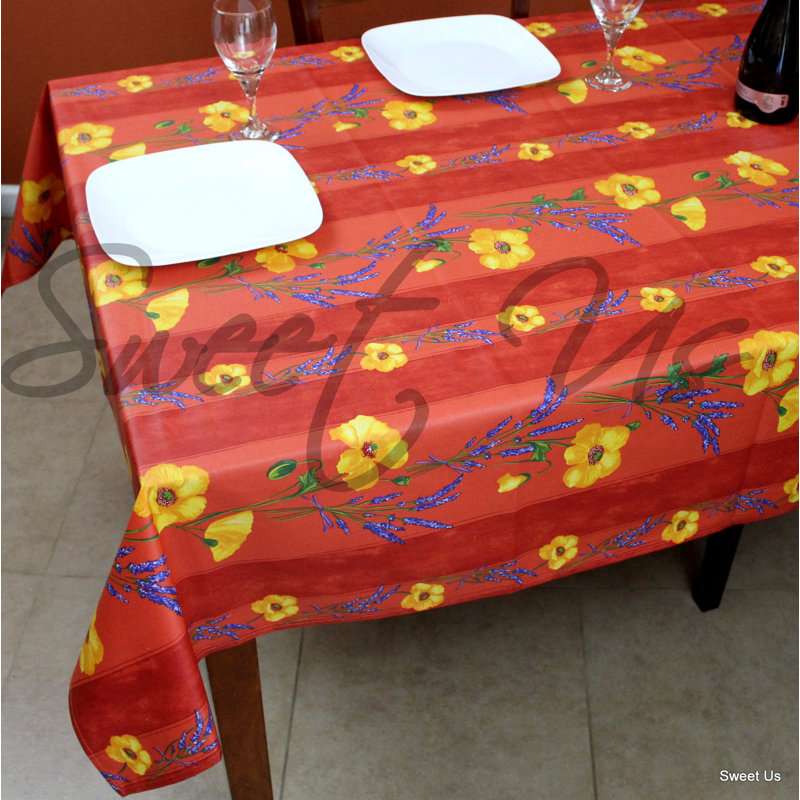 Wipeable Stain Resistant Acrylic Coated Cotton French Provencal Poppy Floral Tablecloth, 98" x 60", Salmon Peach