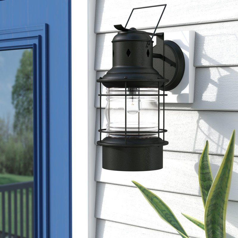 Crownsville 18 in. H 1-Light Textured Black Coastal Outdoor Wall Sconce made of Durable Steel, Clear Ribbed Glass Shade, LED Compatible, Use for Exterior Porch Patio Front Door or Garage