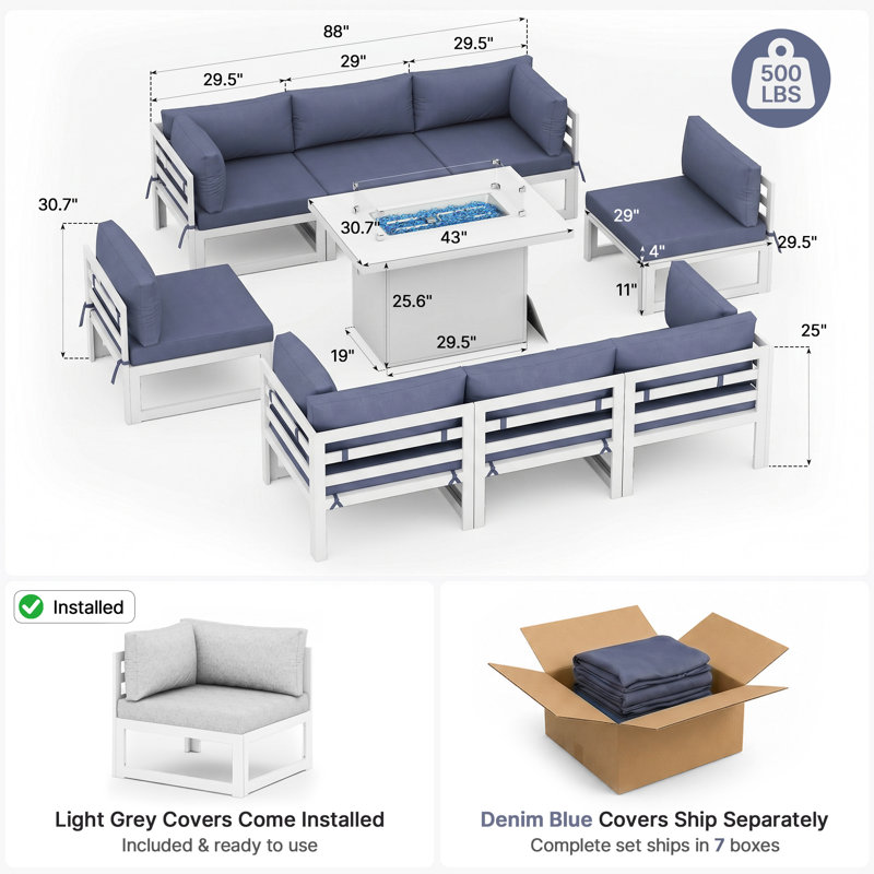 Anevaeh 8-Person Outdoor Patio All-Aluminum Sectional Conversation Set with Fire Pit Table and Cushions, White , Denim Blue