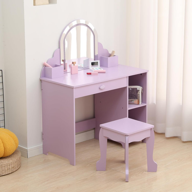 Kids Vanity Set with Lighted Mirror and Stool, Adjustable LED Lights, Purple
